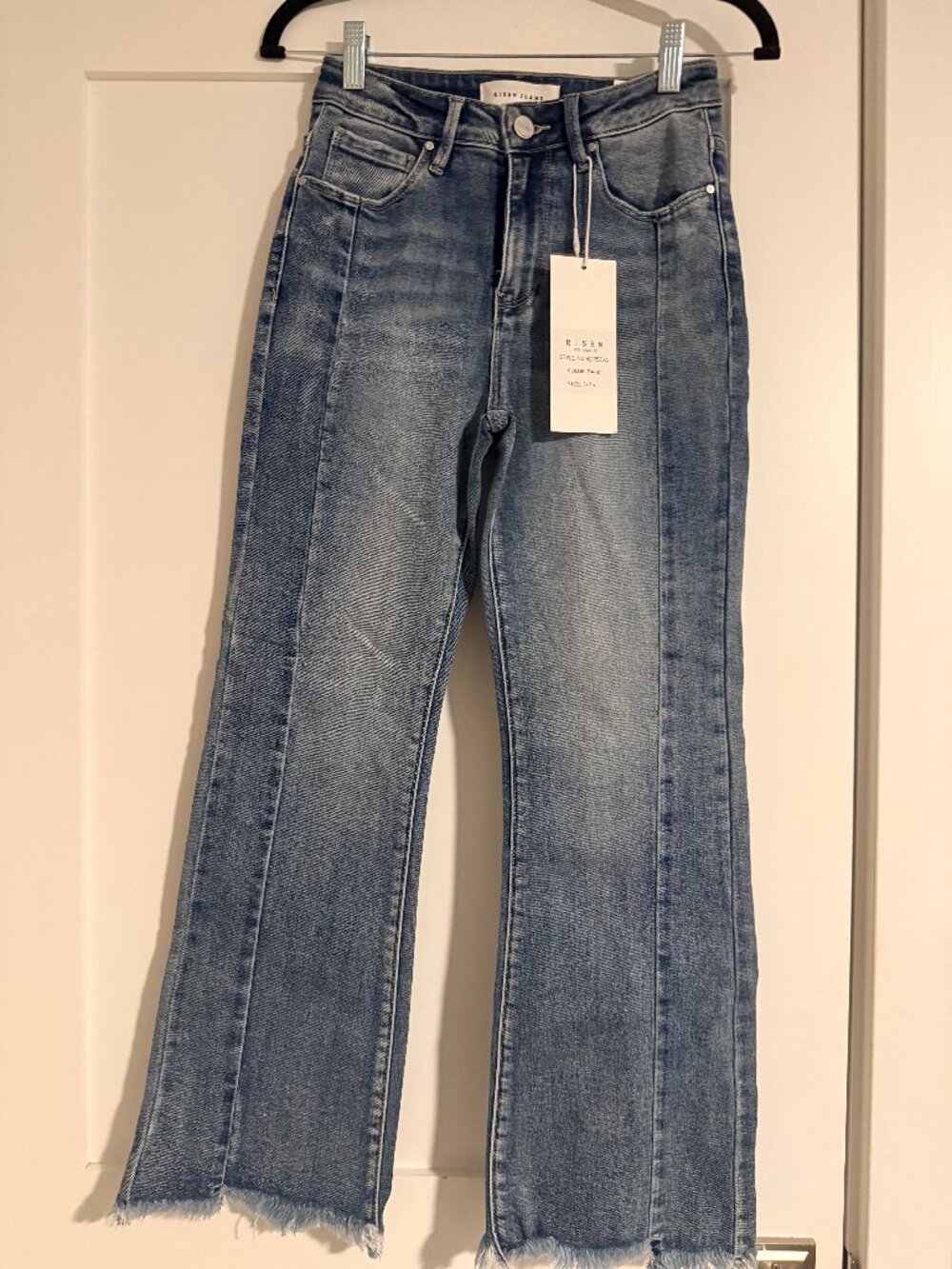 Risen High Rise Crop Flare Seam Detail Uneven Fray Hem Jeans - Size 1/25